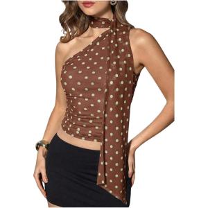 image:imageWomens Leopard Asymmetrical Halter Tops Sleeveless Slim Fit Summer Going Out Y2K Crop Tank TopBrown Dots