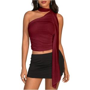 image:imageWomens Leopard Asymmetrical Halter Tops Sleeveless Slim Fit Summer Going Out Y2K Crop Tank TopBurgundy