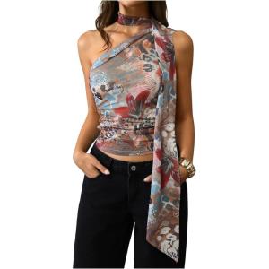 image:imageWomens Leopard Asymmetrical Halter Tops Sleeveless Slim Fit Summer Going Out Y2K Crop Tank TopFloral Print