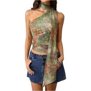 image:imageWomens Leopard Asymmetrical Halter Tops Sleeveless Slim Fit Summer Going Out Y2K Crop Tank TopGreen Print