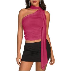 image:imageWomens Leopard Asymmetrical Halter Tops Sleeveless Slim Fit Summer Going Out Y2K Crop Tank TopHot Pink