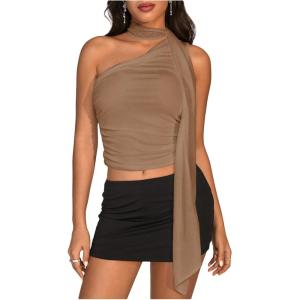 image:imageWomens Leopard Asymmetrical Halter Tops Sleeveless Slim Fit Summer Going Out Y2K Crop Tank TopKhaki