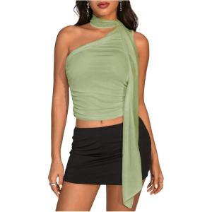 image:imageWomens Leopard Asymmetrical Halter Tops Sleeveless Slim Fit Summer Going Out Y2K Crop Tank TopMint Green