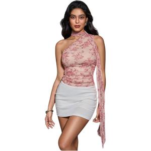 image:imageWomens Leopard Asymmetrical Halter Tops Sleeveless Slim Fit Summer Going Out Y2K Crop Tank TopPink Floral