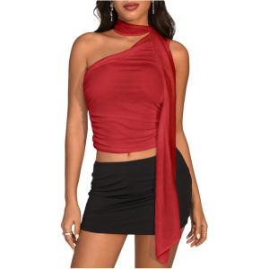 image:imageWomens Leopard Asymmetrical Halter Tops Sleeveless Slim Fit Summer Going Out Y2K Crop Tank TopRed