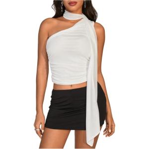 image:imageWomens Leopard Asymmetrical Halter Tops Sleeveless Slim Fit Summer Going Out Y2K Crop Tank TopWhite