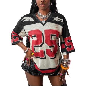 image:imageWomens Number Graphic Mesh Jersey Shirt V Neck 34 Sleeve Football Tee Tops SportswearBlack and Red