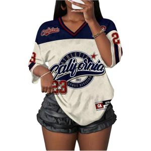 image:imageWomens Number Graphic Mesh Jersey Shirt V Neck 34 Sleeve Football Tee Tops SportswearBlue and White