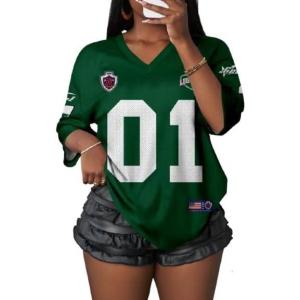 image:imageWomens Number Graphic Mesh Jersey Shirt V Neck 34 Sleeve Football Tee Tops SportswearDark Green