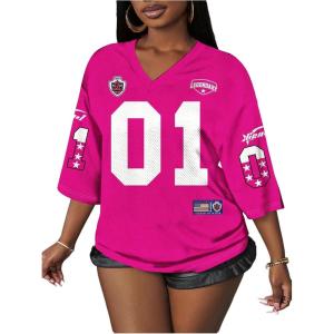 image:imageWomens Number Graphic Mesh Jersey Shirt V Neck 34 Sleeve Football Tee Tops SportswearHot Pink