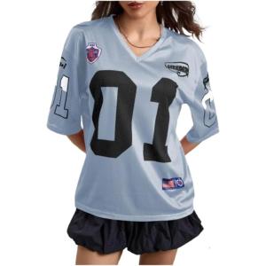 image:imageWomens Number Graphic Mesh Jersey Shirt V Neck 34 Sleeve Football Tee Tops SportswearLight Grey