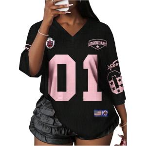 image:imageWomens Number Graphic Mesh Jersey Shirt V Neck 34 Sleeve Football Tee Tops SportswearLight Pink