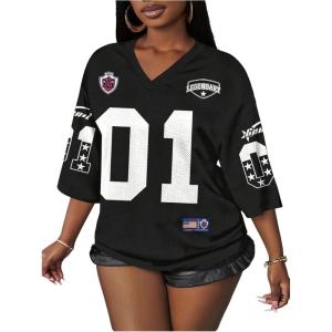 image:imageWomens Number Graphic Mesh Jersey Shirt V Neck 34 Sleeve Football Tee Tops SportswearNumber Black