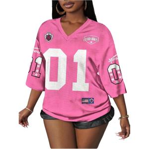 image:imageWomens Number Graphic Mesh Jersey Shirt V Neck 34 Sleeve Football Tee Tops SportswearPink