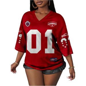 image:imageWomens Number Graphic Mesh Jersey Shirt V Neck 34 Sleeve Football Tee Tops SportswearRed