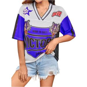 image:imageWomens Number Print Mesh Jersey Shirt Color Block V Neck Short Sleeve Football TShirtBlue