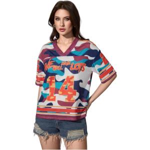 image:imageWomens Number Print Mesh Jersey Shirt Color Block V Neck Short Sleeve Football TShirtCamo Multicolor