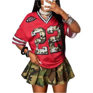 image:imageWomens Number Print Mesh Jersey Shirt Color Block V Neck Short Sleeve Football TShirtCamo Red