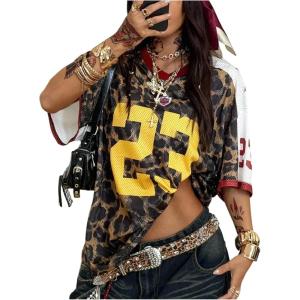 image:imageWomens Number Print Mesh Jersey Shirt Color Block V Neck Short Sleeve Football TShirtCheetah Brown