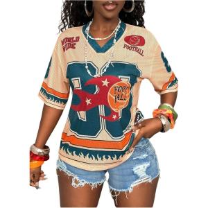 image:imageWomens Number Print Mesh Jersey Shirt Color Block V Neck Short Sleeve Football TShirtLight Orange