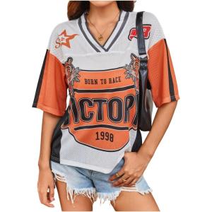 image:imageWomens Number Print Mesh Jersey Shirt Color Block V Neck Short Sleeve Football TShirtOrange