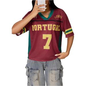 image:imageWomens Number Print Mesh Jersey Shirt Color Block V Neck Short Sleeve Football TShirtRed and Yellow