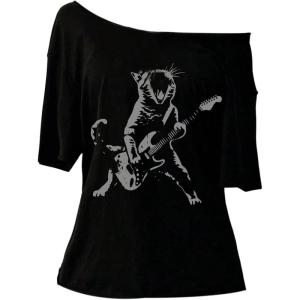 image:imageWomens Off The Shoulder Goth Graphic Tees Short Sleeve Asymmetrical Oversized Y2K T ShirtsAnimal Black