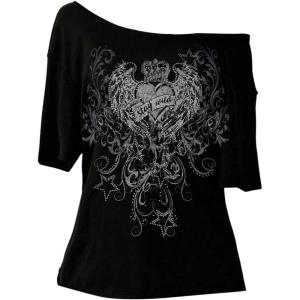 image:imageWomens Off The Shoulder Goth Graphic Tees Short Sleeve Asymmetrical Oversized Y2K T ShirtsBlack