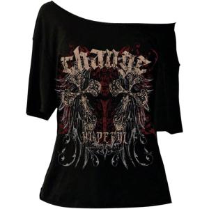 image:imageWomens Off The Shoulder Goth Graphic Tees Short Sleeve Asymmetrical Oversized Y2K T ShirtsBlack Graphic