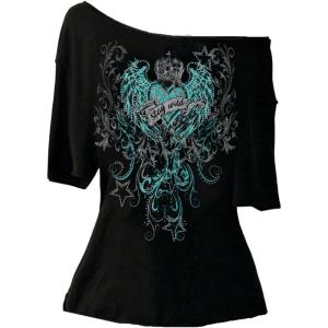 image:imageWomens Off The Shoulder Goth Graphic Tees Short Sleeve Asymmetrical Oversized Y2K T ShirtsBlack and Green