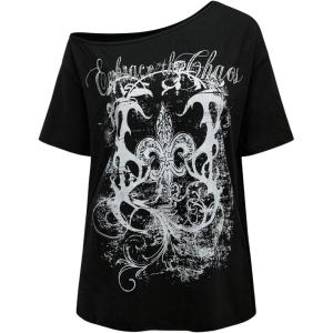 image:imageWomens Off The Shoulder Tops Gothic Graphic Tee Y2k Grunge Vintage Oversized T Shirts Trendy OutfitsBlack