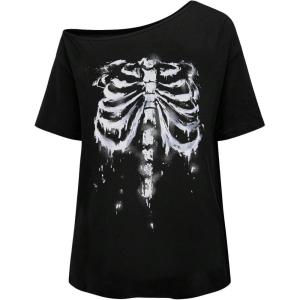 image:imageWomens Off The Shoulder Tops Gothic Graphic Tee Y2k Grunge Vintage Oversized T Shirts Trendy OutfitsBones Black