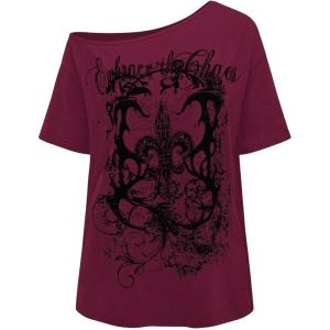 image:imageWomens Off The Shoulder Tops Gothic Graphic Tee Y2k Grunge Vintage Oversized T Shirts Trendy OutfitsBurgundy Black