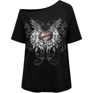 image:imageWomens Off The Shoulder Tops Gothic Graphic Tee Y2k Grunge Vintage Oversized T Shirts Trendy OutfitsChain Black