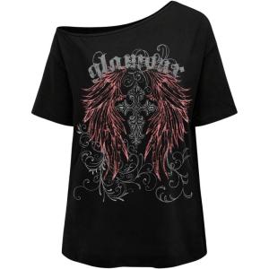 image:imageWomens Off The Shoulder Tops Gothic Graphic Tee Y2k Grunge Vintage Oversized T Shirts Trendy OutfitsGothic Black