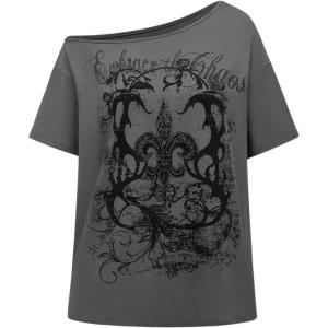 image:imageWomens Off The Shoulder Tops Gothic Graphic Tee Y2k Grunge Vintage Oversized T Shirts Trendy OutfitsGrey