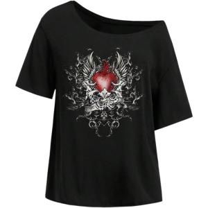 image:imageWomens Off The Shoulder Tops Gothic Graphic Tee Y2k Grunge Vintage Oversized T Shirts Trendy OutfitsHeart Black
