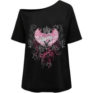 image:imageWomens Off The Shoulder Tops Gothic Graphic Tee Y2k Grunge Vintage Oversized T Shirts Trendy OutfitsHeart Print Black