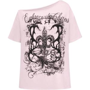 image:imageWomens Off The Shoulder Tops Gothic Graphic Tee Y2k Grunge Vintage Oversized T Shirts Trendy OutfitsPink