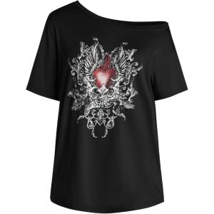 image:imageWomens Off The Shoulder Tops Gothic Graphic Tee Y2k Grunge Vintage Oversized T Shirts Trendy OutfitsPrint Black
