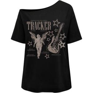 image:imageWomens Off The Shoulder Tops Gothic Graphic Tee Y2k Grunge Vintage Oversized T Shirts Trendy OutfitsWing Print Black