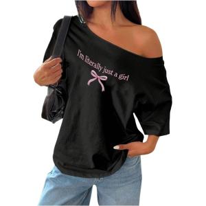 image:imageWomens Oversized Off Shoulder Graphic Tees Short Sleeve Bow Letter Print T Shirts Y2K TopsBlack