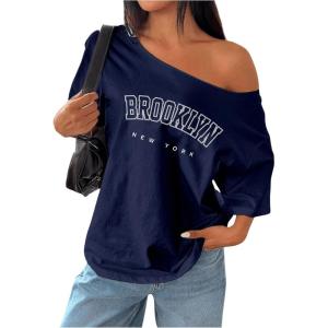 image:imageWomens Oversized Off Shoulder Graphic Tees Short Sleeve Bow Letter Print T Shirts Y2K TopsDeep Blue Letter