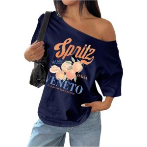 image:imageWomens Oversized Off Shoulder Graphic Tees Short Sleeve Bow Letter Print T Shirts Y2K TopsFloral Deep Blue