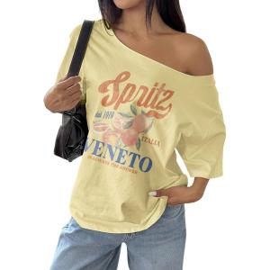 image:imageWomens Oversized Off Shoulder Graphic Tees Short Sleeve Bow Letter Print T Shirts Y2K TopsOrange Yellow