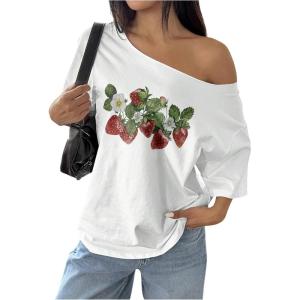 image:imageWomens Oversized Off Shoulder Graphic Tees Short Sleeve Bow Letter Print T Shirts Y2K TopsStrawberry White