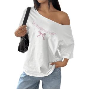image:imageWomens Oversized Off Shoulder Graphic Tees Short Sleeve Bow Letter Print T Shirts Y2K TopsWhite