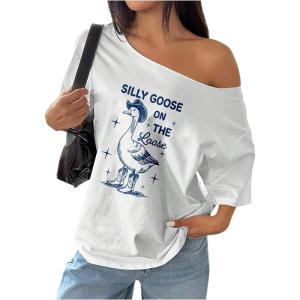 image:imageWomens Oversized Off Shoulder Graphic Tees Short Sleeve Bow Letter Print T Shirts Y2K TopsWhite Blue Graphic