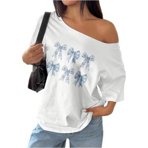 image:imageWomens Oversized Off Shoulder Graphic Tees Short Sleeve Bow Letter Print T Shirts Y2K TopsWhite Bow