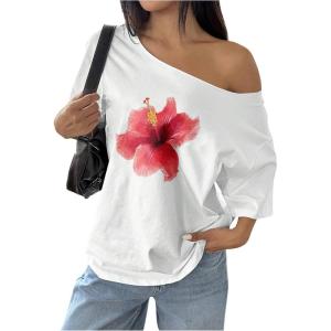 image:imageWomens Oversized Off Shoulder Graphic Tees Short Sleeve Bow Letter Print T Shirts Y2K TopsWhite Hibiscus